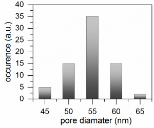 The diameter distribution of the pores with an average diameter of about 55nm.